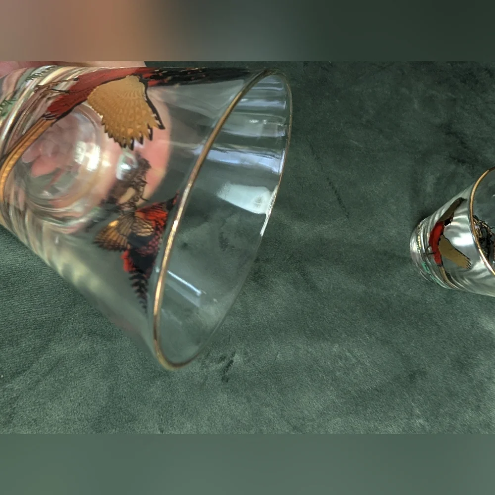Hazel Atlas Pheasant VINTAGE Ice Bucket & Cocktail Glasses MCM Glass